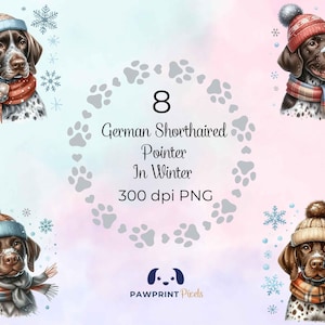 Può includere: Illustrazioni ad acquerello di cani Bracco Tedesco con cappelli e sciarpe invernali, circondati da fiocchi di neve. L'immagine include il testo "8 German Shorthaired Pointer In Winter 300 dpi PNG" e un logo.