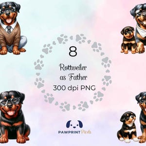 Rottweiler als vader png-bestanden | Digitale afbeelding lieve hond vader en pup | 300 dpi, aquarelillustratie, cadeau-idee voor Vaderdag