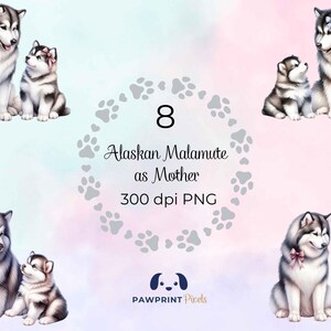 Alaskan Malamute come madre File PNG, adorabile mamma cagnolina e cucciolo Immagine digitale, 300 dpi, illustrazione ad acquerello, idea regalo per la festa della mamma.