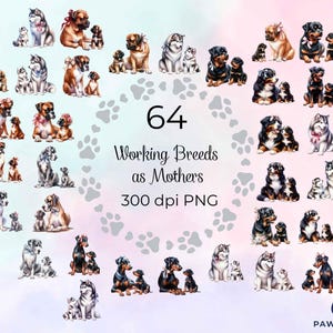 Pacchetto di file PNG di cani da lavoro come mamme, immagini digitali di cani affascinanti come mamme, 300 dpi, illustrazione ad acquerello, idea regalo per la festa della mamma.