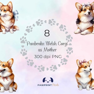 File PNG raffigurante una mamma di Pembroke Welsh Corgi, adorabile immagine digitale di una mamma e del suo cucciolo, illustrazione ad acquerello, idea regalo per la festa della mamma.