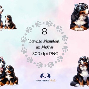 Berner Berg als Mutter PNG Datei, Bezaubernde Hundemama und Welpe Digitalbild, 300 dpi, Aquarell Illustration, Geschenkidee zum Muttertag.