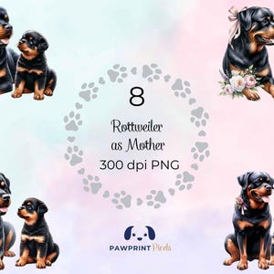 File PNG raffigurante una mamma Rottweiler, immagine digitale di una mamma e del suo cucciolo, 300 dpi, illustrazione ad acquerello, idea regalo per la festa della mamma.