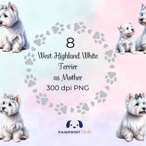 File PNG raffigurante una mamma Westie Terrier, immagine digitale di una simpatica mamma e del suo cucciolo, 300 dpi, illustrazione ad acquerello, idea regalo per la festa della mamma.