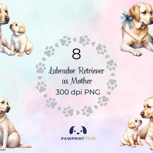 Labrador Retriever come madre File PNG, Immagine digitale di una simpatica mamma e del suo cucciolo, 300 dpi, Illustrazione ad acquerello, Idea regalo per la festa della mamma.