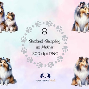 Archivo PNG de perro pastor de Shetland como madre, linda imagen digital de mamá y cachorro, 300 dpi, ilustración de acuarela, idea de regalo para el día de la madre.