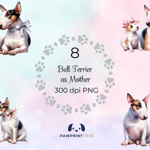 File PNG raffigurante una mamma Bull Terrier, immagine digitale indimenticabile di una mamma e del suo cucciolo, 300 dpi, illustrazione ad acquerello, idea regalo per la festa della mamma.