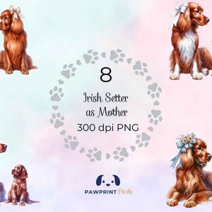 File PNG raffigurante una mamma setter irlandese, immagine digitale di una mamma e del suo cucciolo, 300 dpi, illustrazione ad acquerello, idea regalo per la festa della mamma.
