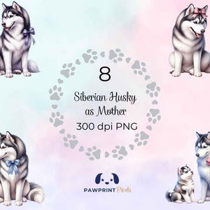 File PNG raffigurante una mamma Siberian Husky, dolce mamma e cucciolo, immagine digitale, 300 dpi, illustrazione ad acquerello, idea regalo per la festa della mamma.