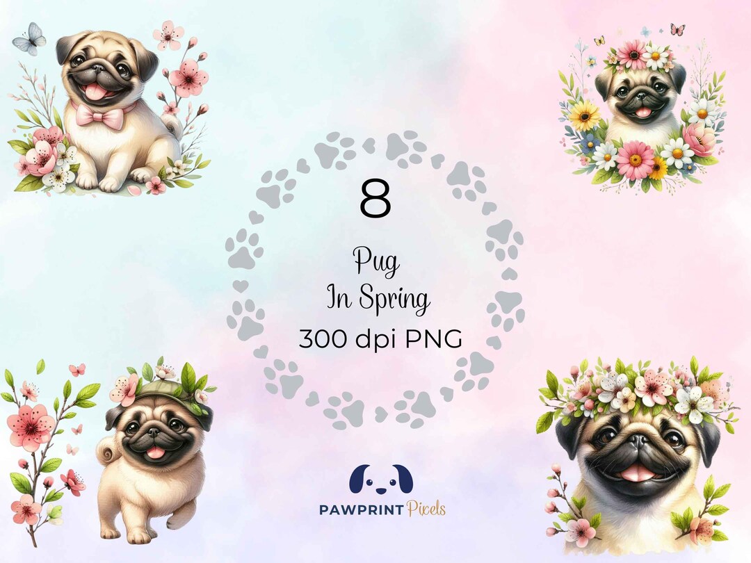 Pug Cartoon Spring Pug in Spring PNG File, Memorable Dog With Flowers Digital Image, 300 ...
