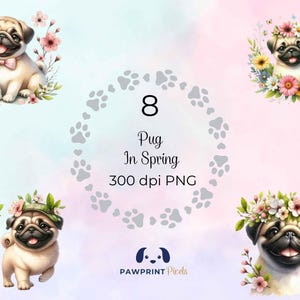 Mops im Frühling PNG Datei, einprägsamer Hund mit Blumen Digitalbild, 300 dpi, Aquarell Illustration, Oster Geschenkidee.