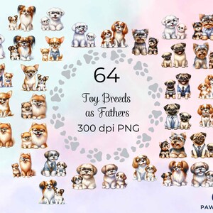 Pacchetto di file PNG di cani giocattolo come padri / Bellissimi cani come papà Immagini digitali / 300 dpi, illustrazione ad acquerello, idea regalo per la festa del papà