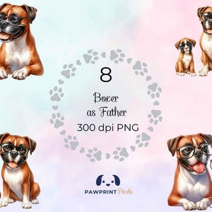 Boxer als vader png-bestanden | Charmante digitale afbeelding hond vader en pup | 300 dpi, aquarelillustratie, cadeau-idee voor Vaderdag