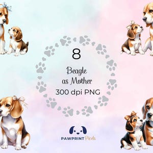 Beagle come madre File PNG, incantevole mamma cane e cucciolo Immagine digitale, 300 dpi, illustrazione ad acquerello, idea regalo per la festa della mamma.