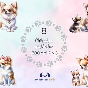 Chihuahua come madre File PNG, adorabile mamma e cucciolo Immagine digitale, 300 dpi, illustrazione ad acquerello, idea regalo per la festa della mamma.