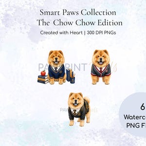 Chow Chow School Dog PNG Files | Smart Paws Collection | Watercolor Student Dog Clipart | Transparent Background