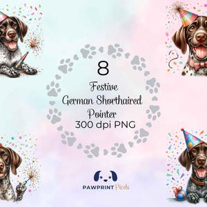 Può includere: Illustrazione digitale di otto festosi Pointer tedeschi con cappelli da festa, che festeggiano con fuochi d'artificio e coriandoli. L'immagine include il testo "8 Festive German Shorthaired Pointer 300 dpi PNG".