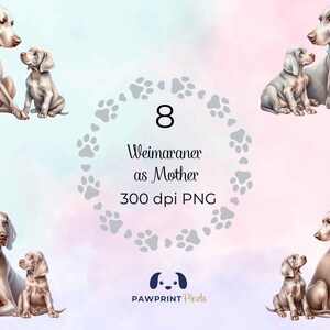 File PNG raffigurante una mamma Weimaraner, bellissima immagine digitale di una mamma e del suo cucciolo, 300 dpi, illustrazione ad acquerello, idea regalo per la festa della mamma.
