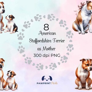 File PNG raffigurante una mamma Amstaff Terrier, adorabile immagine digitale di una mamma e del suo cucciolo, 300 dpi, illustrazione ad acquerello, idea regalo per la festa della mamma.