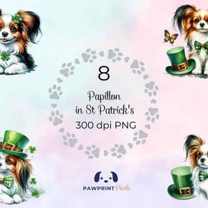 Papillon en archivo PNG de San Patricio, hermoso perro en imagen digital verde, 300 ppp, ilustración de acuarela, idea de regalo imprimible.