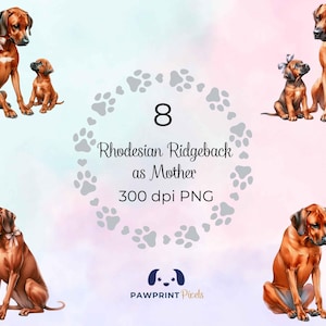 Rhodesian Ridgeback come madre File PNG, adorabile mamma e cucciolo di cane Immagine digitale, 300 dpi, illustrazione ad acquerello, idea regalo per la festa della mamma.