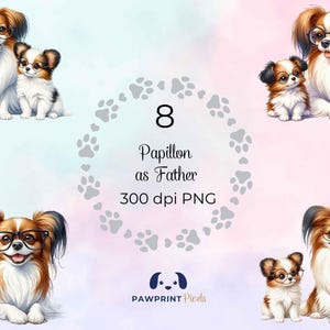 Papillon als vader png-bestanden | Digitale afbeelding lieve hond vader en pup | 300 dpi, aquarelillustratie, cadeau-idee voor Vaderdag