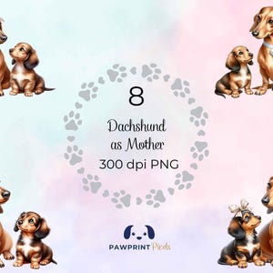 File PNG raffigurante un bassotto come mamma, adorabile immagine digitale di una mamma e del suo cucciolo, 300 dpi, illustrazione ad acquerello, idea regalo per la festa della mamma.
