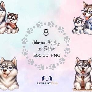 Siberische husky als vader png-bestanden | Digitale afbeelding lieve hond vader en pup | 300 dpi, aquarelillustratie, cadeau-idee voor Vaderdag