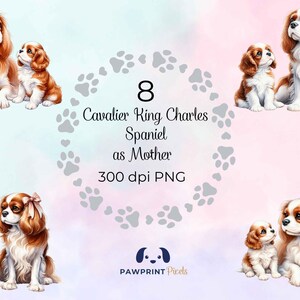 File PNG raffigurante una mamma Cavalier Spaniel, adorabile mamma e cucciolo, immagine digitale, 300 dpi, illustrazione ad acquerello, idea regalo per la festa della mamma.