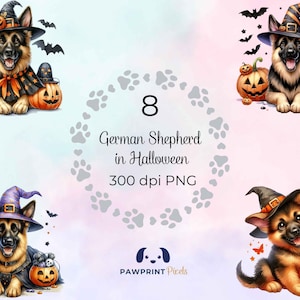 Schäferhund in Halloween PNG Dateien | Süßer Hund in Verkleidung Digitales Bild | 300 dpi, Aquarell Illustration, Gruseliges Geschenk