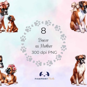 File PNG raffigurante una mamma boxer, immagine digitale di una mamma e del suo cucciolo, 300 dpi, illustrazione ad acquerello, idea regalo per la festa della mamma.