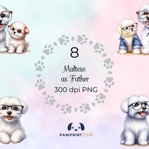 Archivos PNG de un maltés como padre / Hermosa imagen digital de un perro, papá y cachorro / 300 dpi, ilustración en acuarela, idea de regalo para el Día del Padre