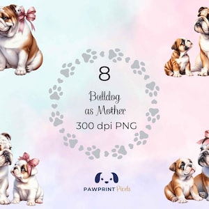 Archivo PNG de Bulldog como madre, adorable madre perra y cachorro, imagen digital, 300 dpi, ilustración en acuarela, idea de regalo para el día de la madre.