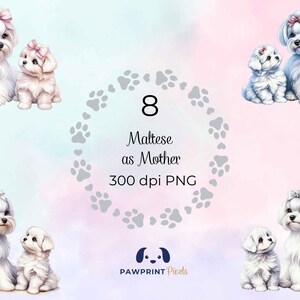 File PNG raffigurante una mamma maltese, immagine digitale di una simpatica mamma e del suo cucciolo, 300 dpi, illustrazione ad acquerello, idea regalo per la festa della mamma.