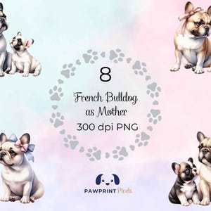 File PNG raffigurante una mamma bulldog francese, incantevole immagine digitale di mamma e cucciolo, 300 dpi, illustrazione ad acquerello, idea regalo per la festa della mamma.