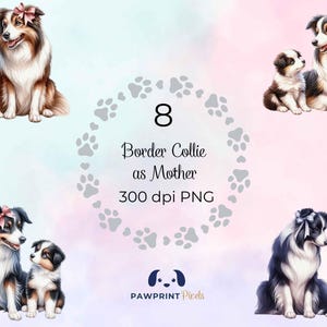 Border Collie come madre File PNG, mamma cane kawaii e cucciolo Immagine digitale, 300 dpi, Illustrazione ad acquerello, Idea regalo per la festa della mamma.