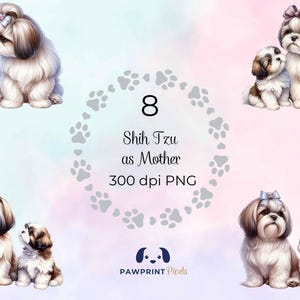File PNG raffigurante una mamma Shih Tzu, immagine digitale di una mamma e del suo cucciolo di cane kawaii, 300 dpi, illustrazione ad acquerello, idea regalo per la festa della mamma.