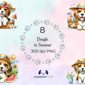 Beagle in de zomer PNG-bestand, lieve hond onder de zon digitale afbeelding, 300 dpi, aquarel illustratie, cadeau-idee afdrukbaar.