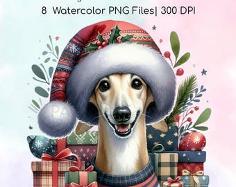 Greyhound in Christmas PNG Files | Cute Dog in Xmas Digital Image | 300 dpi, Watercolor Illustration, Holiday Season Gift