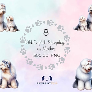 Old English Sheepdog as Mother PNG-bestand, lieve hond moeder en pup digitaal beeld, 300 dpi, aquarel illustratie, Moederdag cadeau-idee.