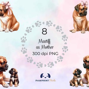 File PNG raffigurante un mastino come madre, immagine digitale di mamma e cucciolo di cane kawaii, 300 dpi, illustrazione ad acquerello, idea regalo per la festa della mamma.