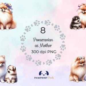 File PNG di una mamma Pomerania, immagine digitale di una mamma e del suo cucciolo, 300 dpi, illustrazione ad acquerello, idea regalo per la festa della mamma.