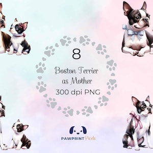 Boston Terrier come madre File PNG, adorabile immagine digitale di mamma e cucciolo, 300 dpi, illustrazione ad acquerello, idea regalo per la festa della mamma.