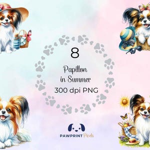 Papillon in de zomer PNG-bestand, vertederende hond onder de zon digitaal beeld, 300 dpi, aquarel illustratie, cadeau-idee afdrukbaar.