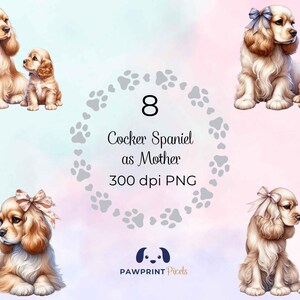 Cocker anglais en tant que mère fichier PNG, Sweet Dog maman et chiot image numérique, 300 dpi, illustration aquarelle, idée cadeau pour la fête des mères.