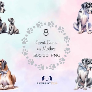 Duitse dog als moeder png-bestand, vertederende hond moeder en pup digitaal beeld, 300 dpi, aquarel illustratie, Moederdag cadeau-idee.