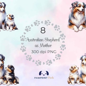Australian Shepherd come madre File PNG, adorabile mamma cagnolina e cucciolo Immagine digitale, 300 dpi, illustrazione ad acquerello, idea regalo per la festa della mamma.