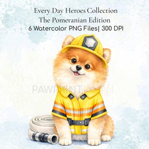 Pomeranian Welsh Corgi Firefighter Police Construction Dog PNG Files | Everyday Heroes Collection | Watercolor Working Dog Clipart