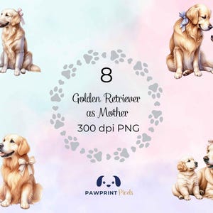 Golden Retriever come madre File PNG, adorabile mamma e cucciolo di cane Immagine digitale, 300 dpi, illustrazione ad acquerello, idea regalo per la festa della mamma.