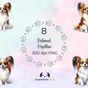 Archivos PNG de Papillon / Imagen digital de un adorable perro descansando / Ilustración en acuarela / Idea de regalo para el Día Internacional del Perro